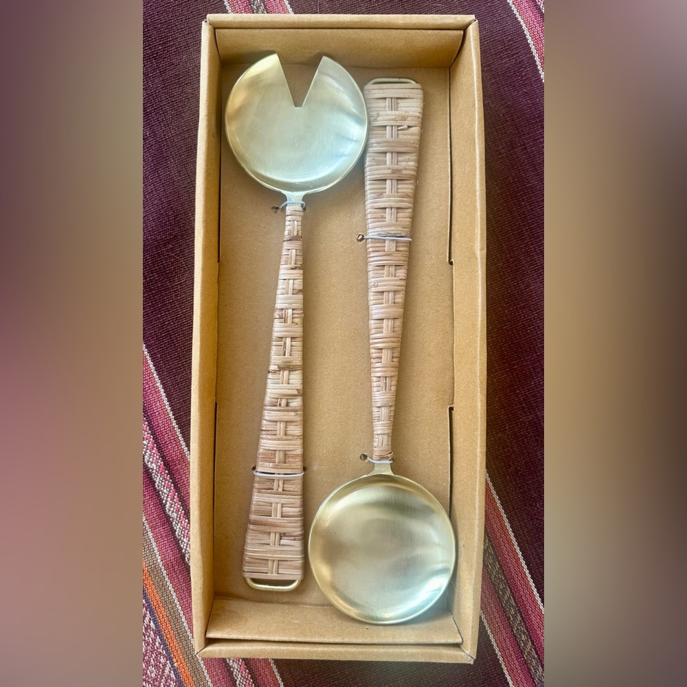 Thirstystone Brushed Gold Salad Servers with Rattan Handles